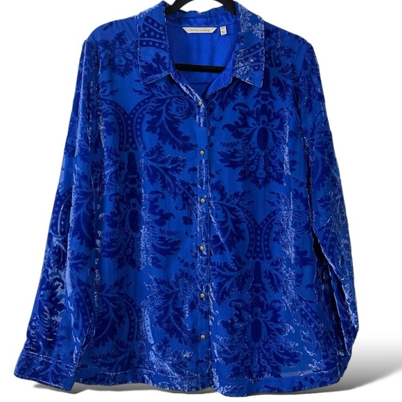 Soft Surroundings Floreat Velvet Devore Shirt in Blue Sapphire XL Button Down - Picture 4 of 12